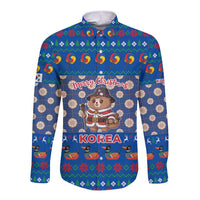 Korea Christmas Long Sleeve Button Shirt with Bear in Hanbok National Emblem and Traditional Boat Pattern Design - Wonder Print Shop