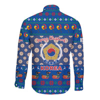 Korea Christmas Long Sleeve Button Shirt with Bear in Hanbok National Emblem and Traditional Boat Pattern Design - Wonder Print Shop