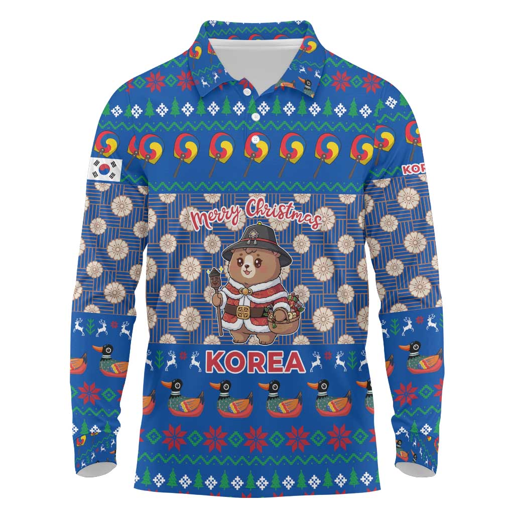Korea Christmas Long Sleeve Polo Shirt with Bear in Hanbok National Emblem and Traditional Boat Pattern Design - Wonder Print Shop