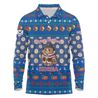 Korea Christmas Long Sleeve Polo Shirt with Bear in Hanbok National Emblem and Traditional Boat Pattern Design - Wonder Print Shop