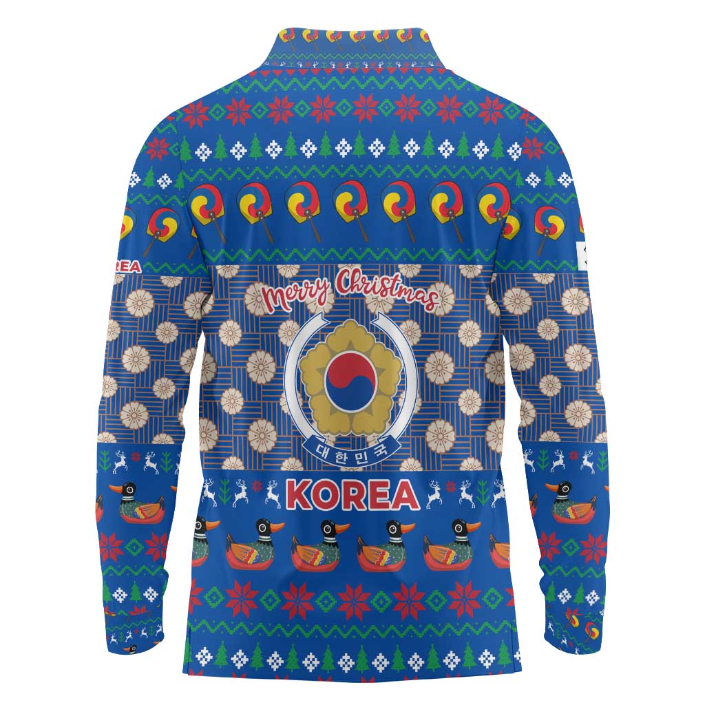 Korea Christmas Long Sleeve Polo Shirt with Bear in Hanbok National Emblem and Traditional Boat Pattern Design - Wonder Print Shop