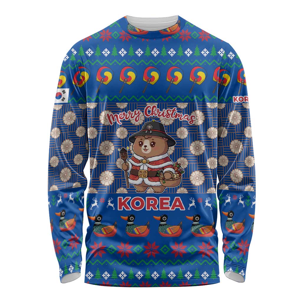 Korea Christmas Long Sleeve Shirt with Bear in Hanbok National Emblem and Traditional Boat Pattern Design - Wonder Print Shop