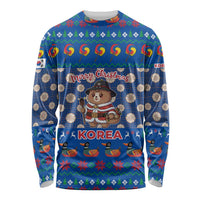 Korea Christmas Long Sleeve Shirt with Bear in Hanbok National Emblem and Traditional Boat Pattern Design - Wonder Print Shop