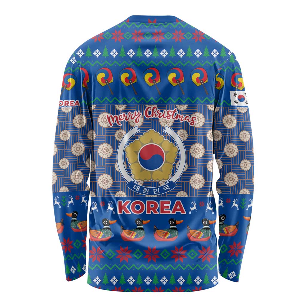 Korea Christmas Long Sleeve Shirt with Bear in Hanbok National Emblem and Traditional Boat Pattern Design - Wonder Print Shop