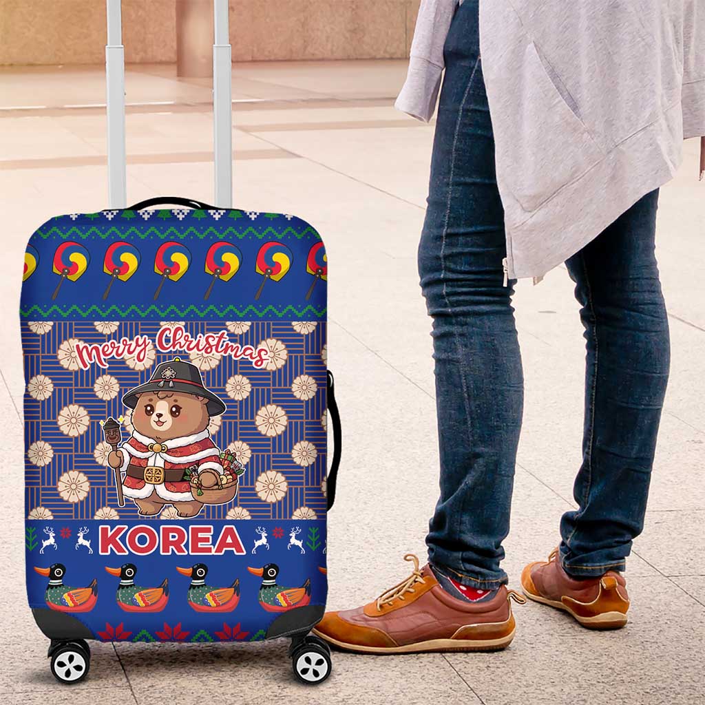 Korea Christmas Luggage Cover with Bear in Hanbok National Emblem and Traditional Boat Pattern Design - Wonder Print Shop