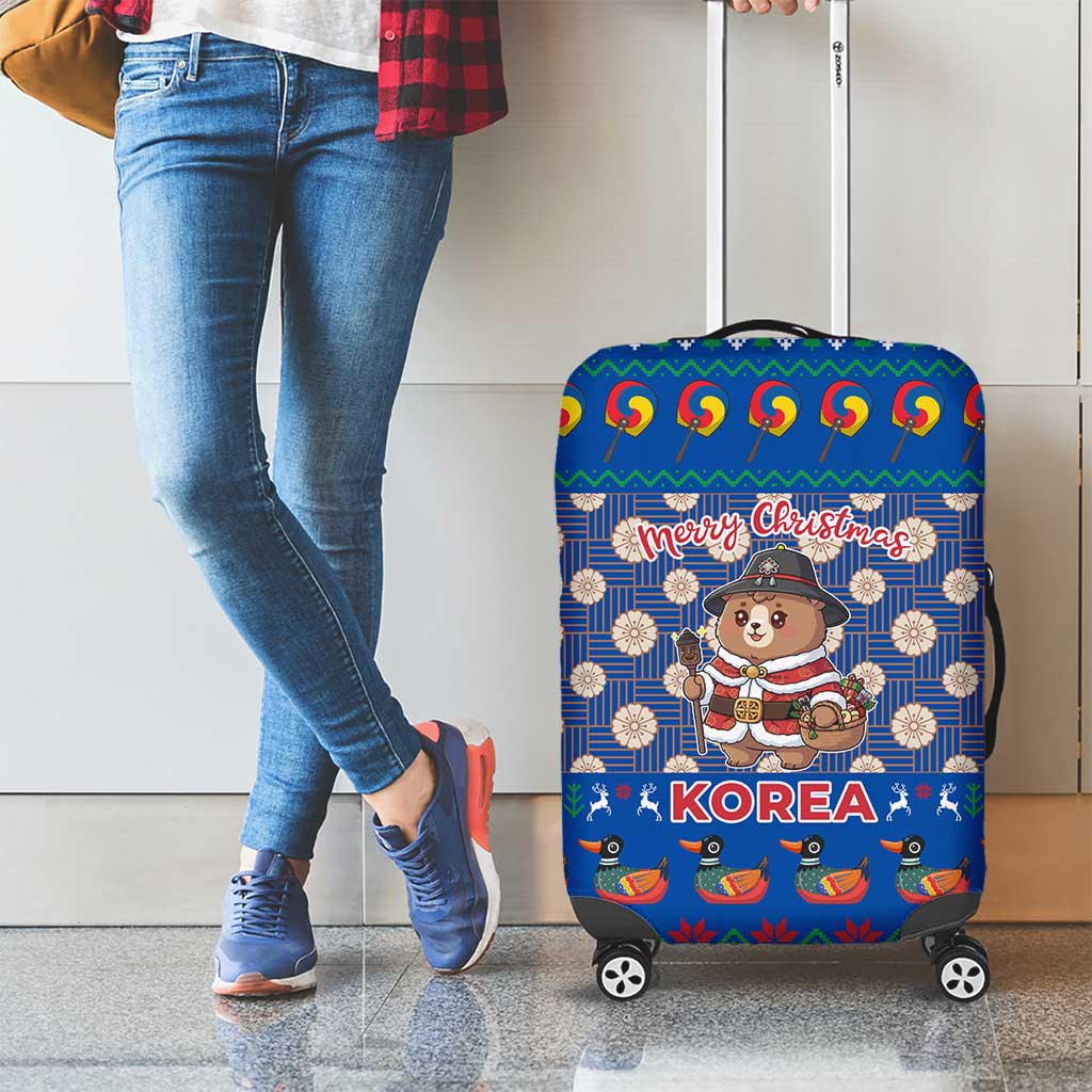Korea Christmas Luggage Cover with Bear in Hanbok National Emblem and Traditional Boat Pattern Design - Wonder Print Shop