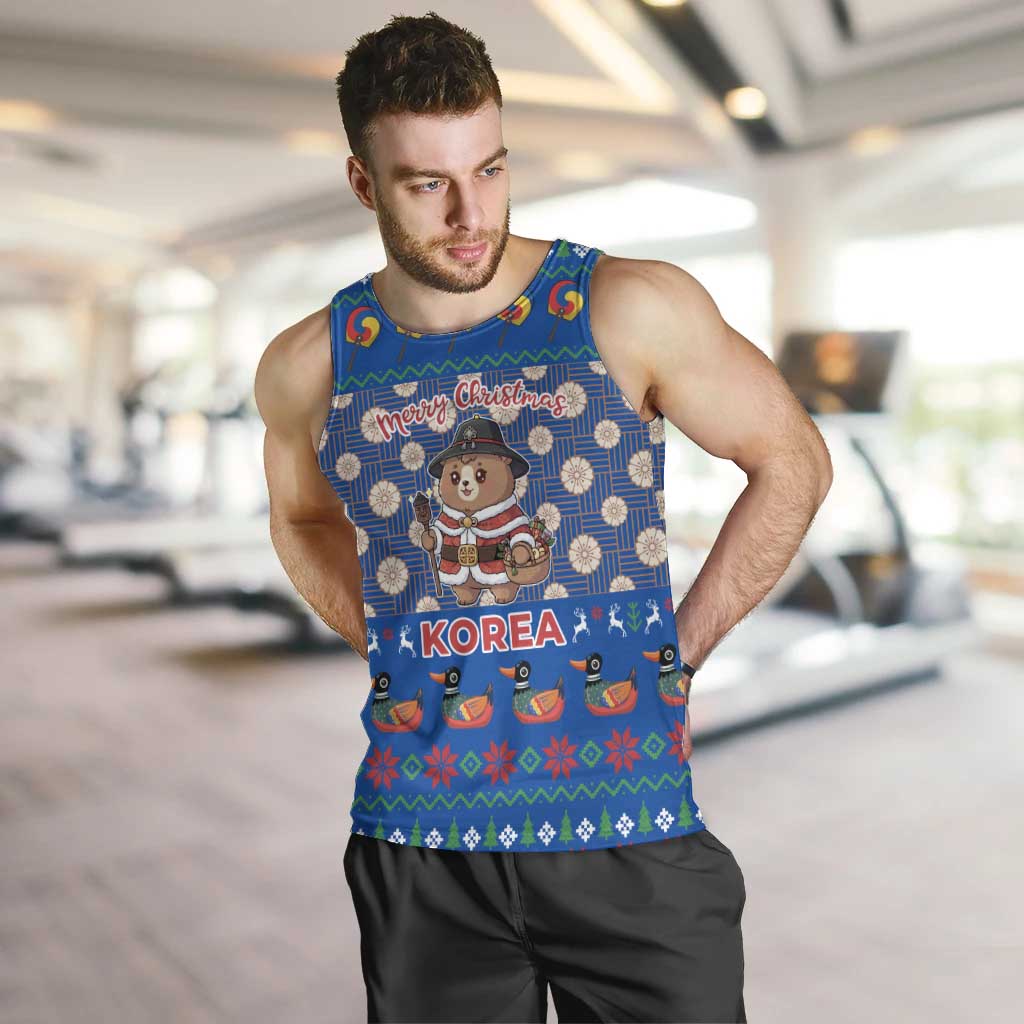 Korea Christmas Men Tank Top with Bear in Hanbok National Emblem and Traditional Boat Pattern Design - Wonder Print Shop