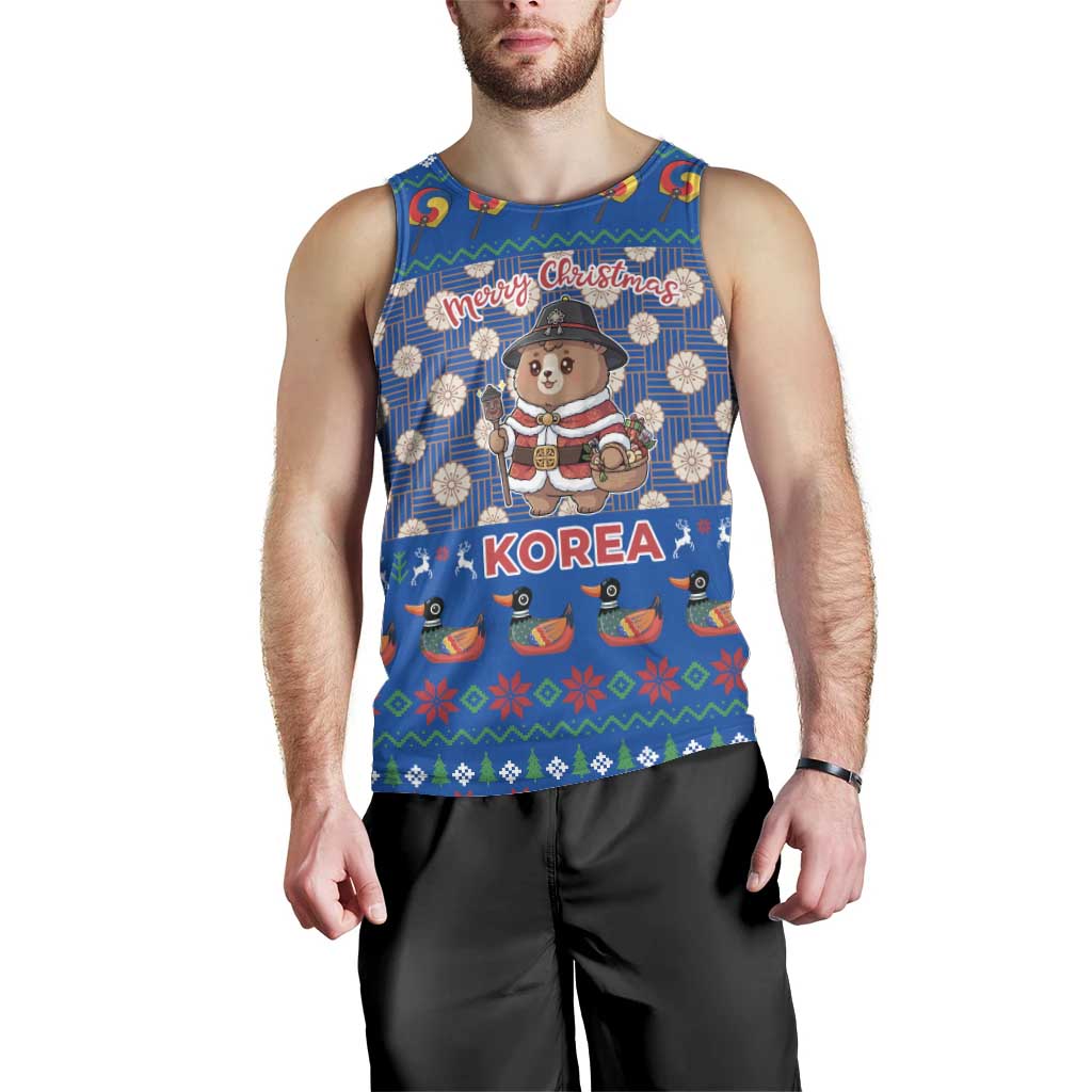 Korea Christmas Men Tank Top with Bear in Hanbok National Emblem and Traditional Boat Pattern Design - Wonder Print Shop