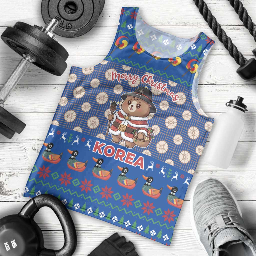 Korea Christmas Men Tank Top with Bear in Hanbok National Emblem and Traditional Boat Pattern Design - Wonder Print Shop