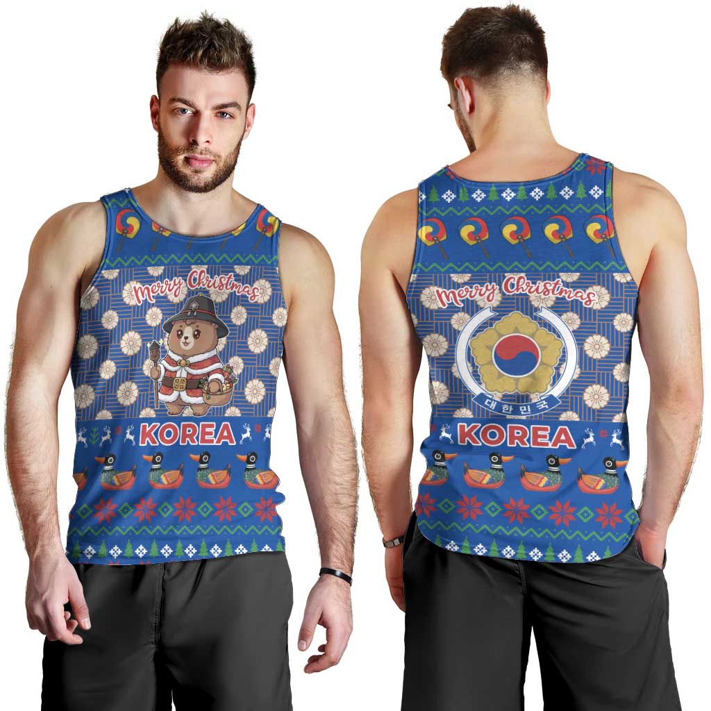 Korea Christmas Men Tank Top with Bear in Hanbok National Emblem and Traditional Boat Pattern Design - Wonder Print Shop
