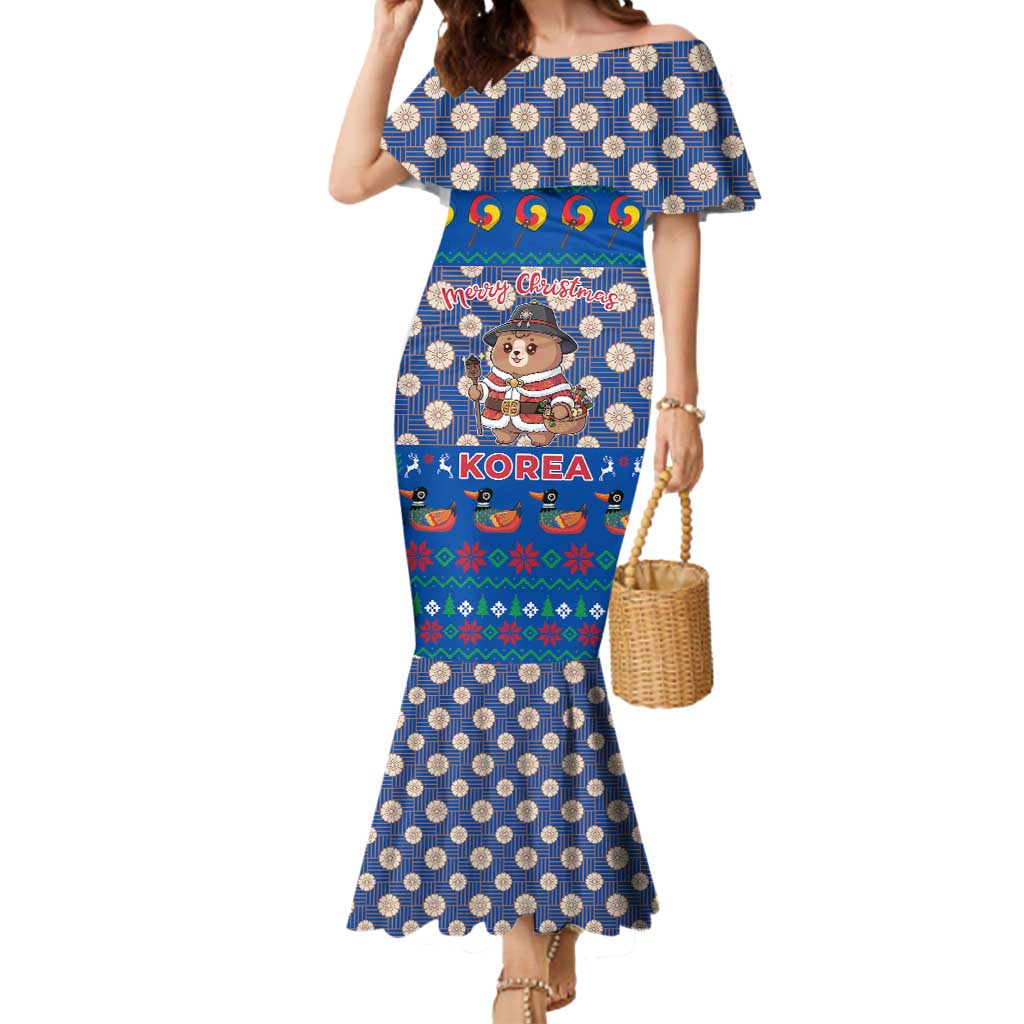 Korea Christmas Mermaid Dress with Bear in Hanbok National Emblem and Traditional Boat Pattern Design - Wonder Print Shop