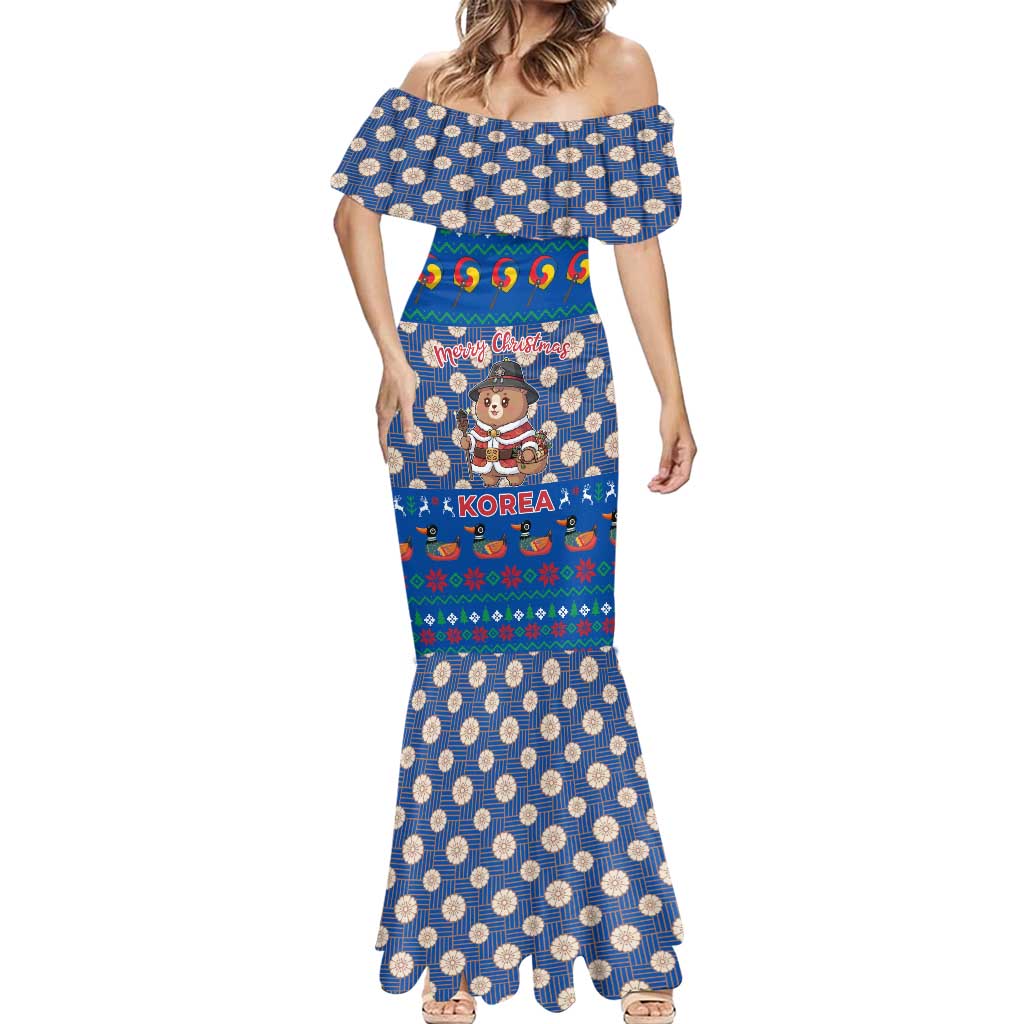 Korea Christmas Mermaid Dress with Bear in Hanbok National Emblem and Traditional Boat Pattern Design - Wonder Print Shop
