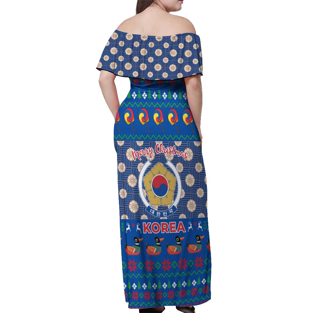 Korea Christmas Off Shoulder Maxi Dress with Bear in Hanbok National Emblem and Traditional Boat Pattern Design - Wonder Print Shop