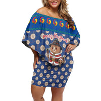Korea Christmas Off Shoulder Short Dress with Bear in Hanbok National Emblem and Traditional Boat Pattern Design - Wonder Print Shop