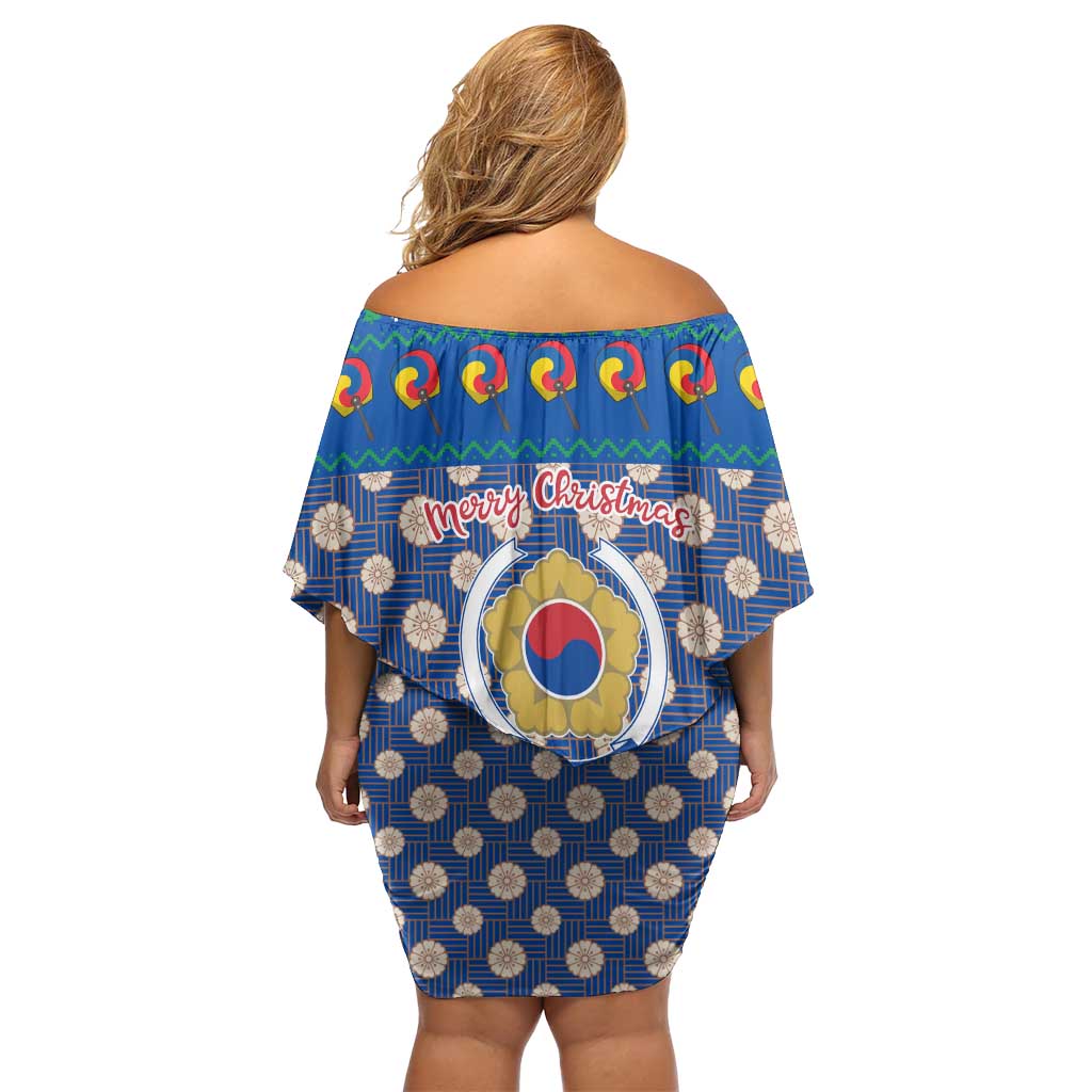 Korea Christmas Off Shoulder Short Dress with Bear in Hanbok National Emblem and Traditional Boat Pattern Design - Wonder Print Shop