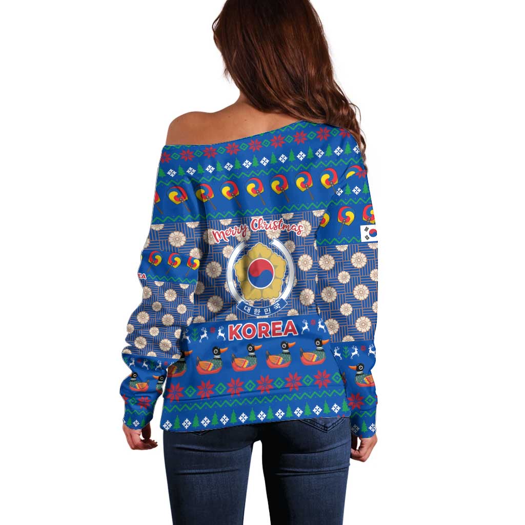 Korea Christmas Off Shoulder Sweater with Bear in Hanbok National Emblem and Traditional Boat Pattern Design - Wonder Print Shop