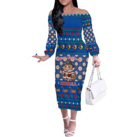 Korea Christmas Off The Shoulder Long Sleeve Dress with Bear in Hanbok National Emblem and Traditional Boat Pattern Design - Wonder Print Shop