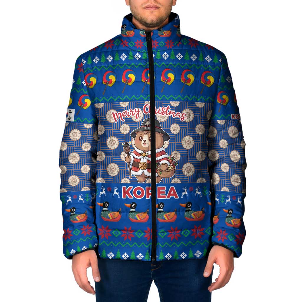 Korea Christmas Padded Jacket with Bear in Hanbok National Emblem and Traditional Boat Pattern Design - Wonder Print Shop