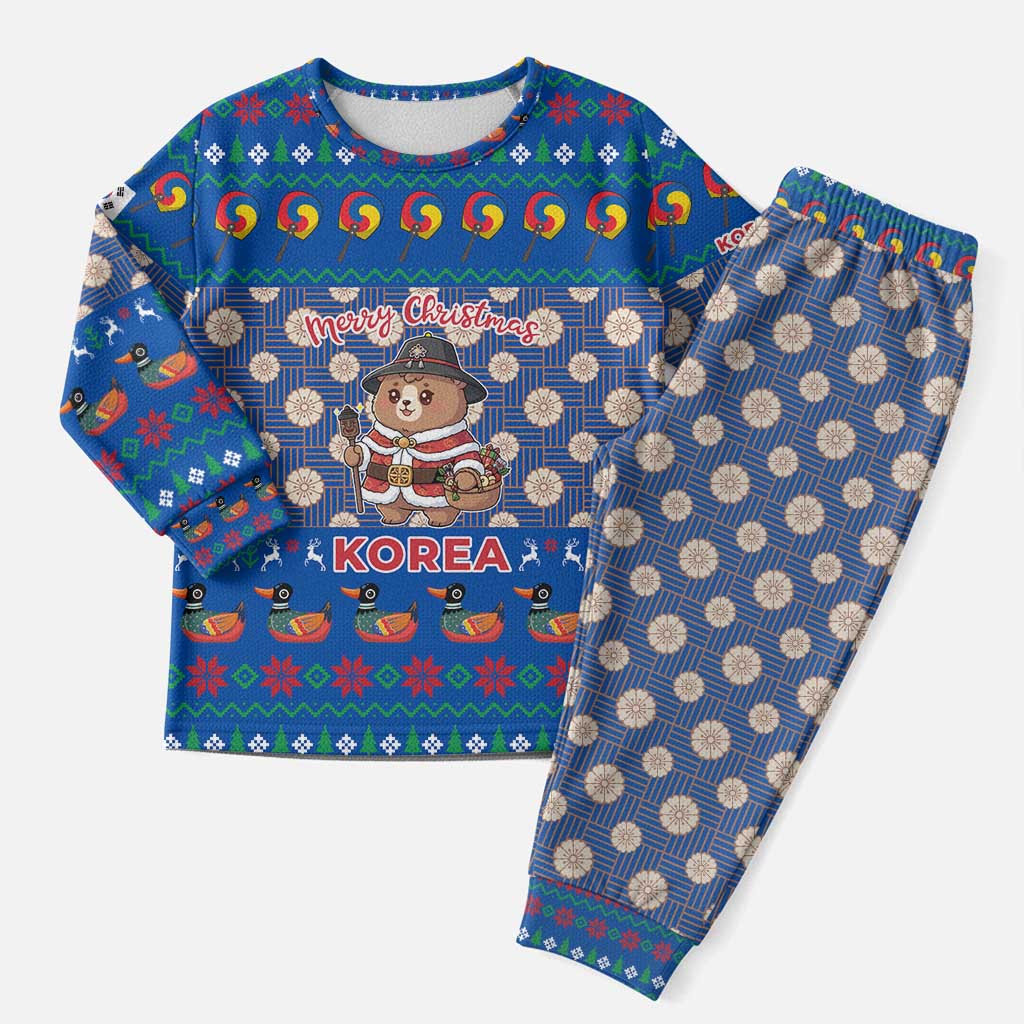 Korea Christmas Pajama Set with Bear in Hanbok National Emblem and Traditional Boat Pattern Design - Wonder Print Shop