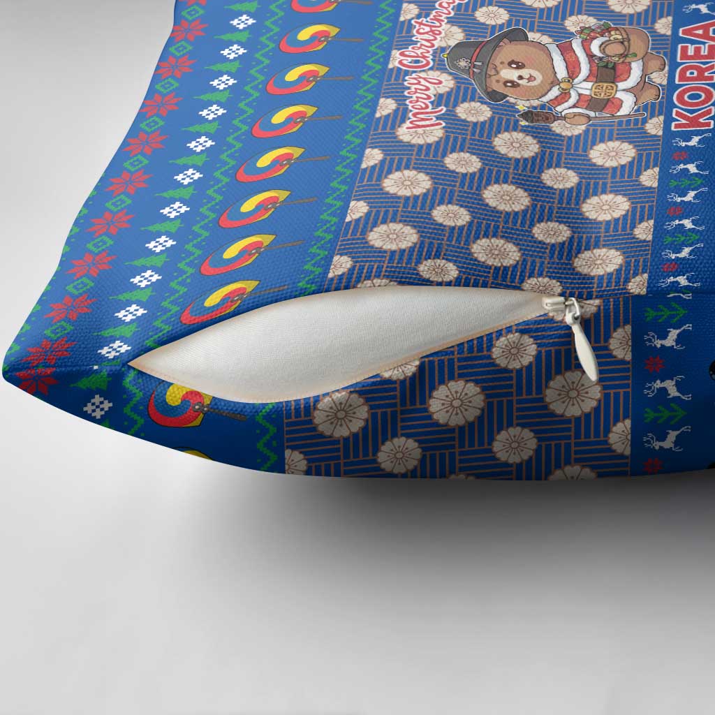 Korea Christmas Pillow Cover with Bear in Hanbok National Emblem and Traditional Boat Pattern Design - Wonder Print Shop