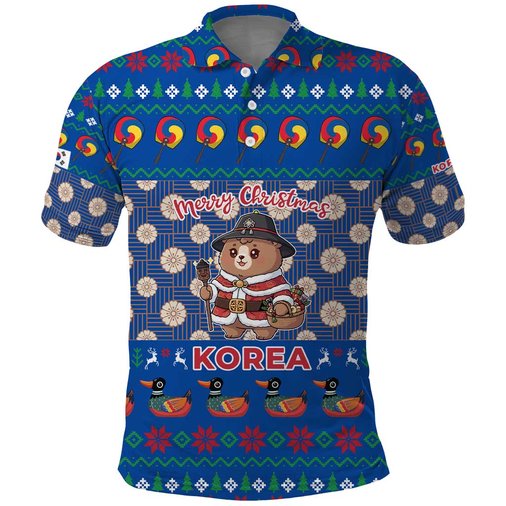 Korea Christmas Polo Shirt with Bear in Hanbok National Emblem and Traditional Boat Pattern Design - Wonder Print Shop