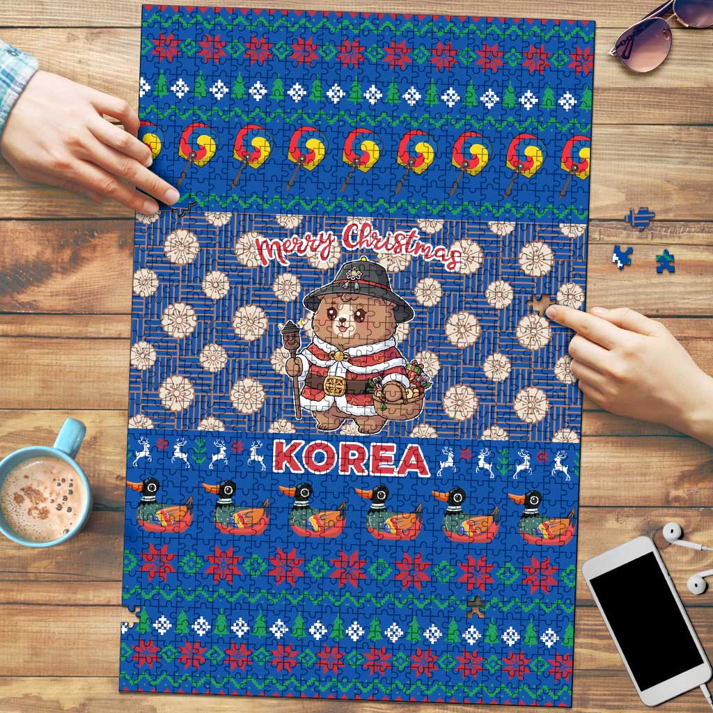 Korea Christmas Puzzle with Bear in Hanbok National Emblem and Traditional Boat Pattern Design - Wonder Print Shop