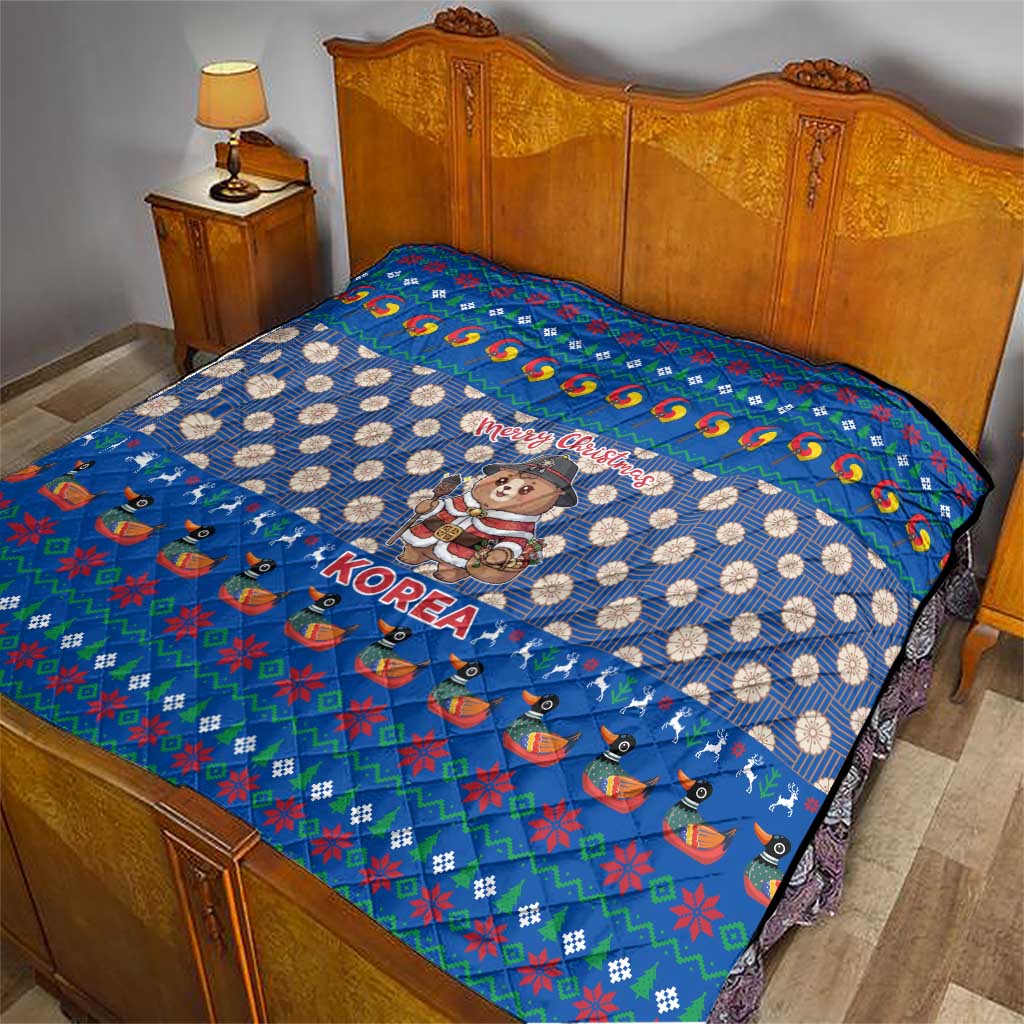 Korea Christmas Quilt with Bear in Hanbok National Emblem and Traditional Boat Pattern Design - Wonder Print Shop