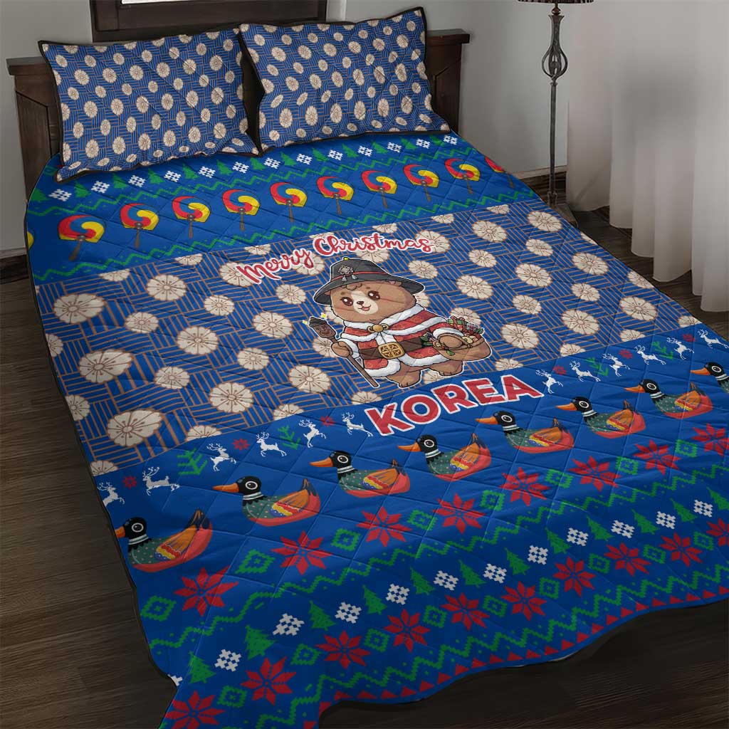 Korea Christmas Quilt Bed Set with Bear in Hanbok National Emblem and Traditional Boat Pattern Design - Wonder Print Shop