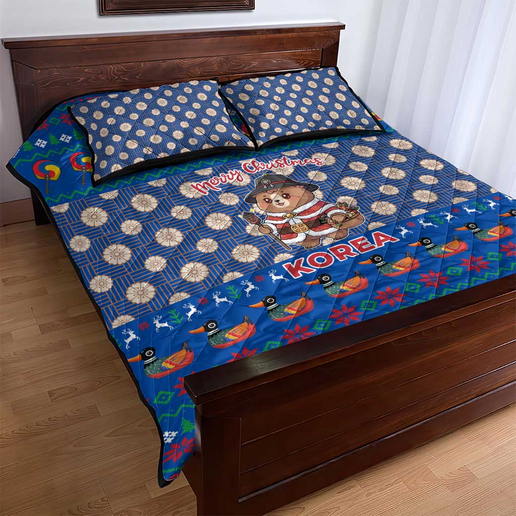 Korea Christmas Quilt Bed Set with Bear in Hanbok National Emblem and Traditional Boat Pattern Design - Wonder Print Shop