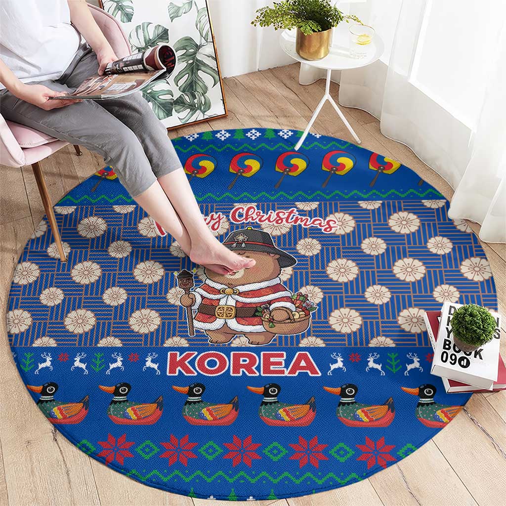 Korea Christmas Round Carpet with Bear in Hanbok National Emblem and Traditional Boat Pattern Design - Wonder Print Shop
