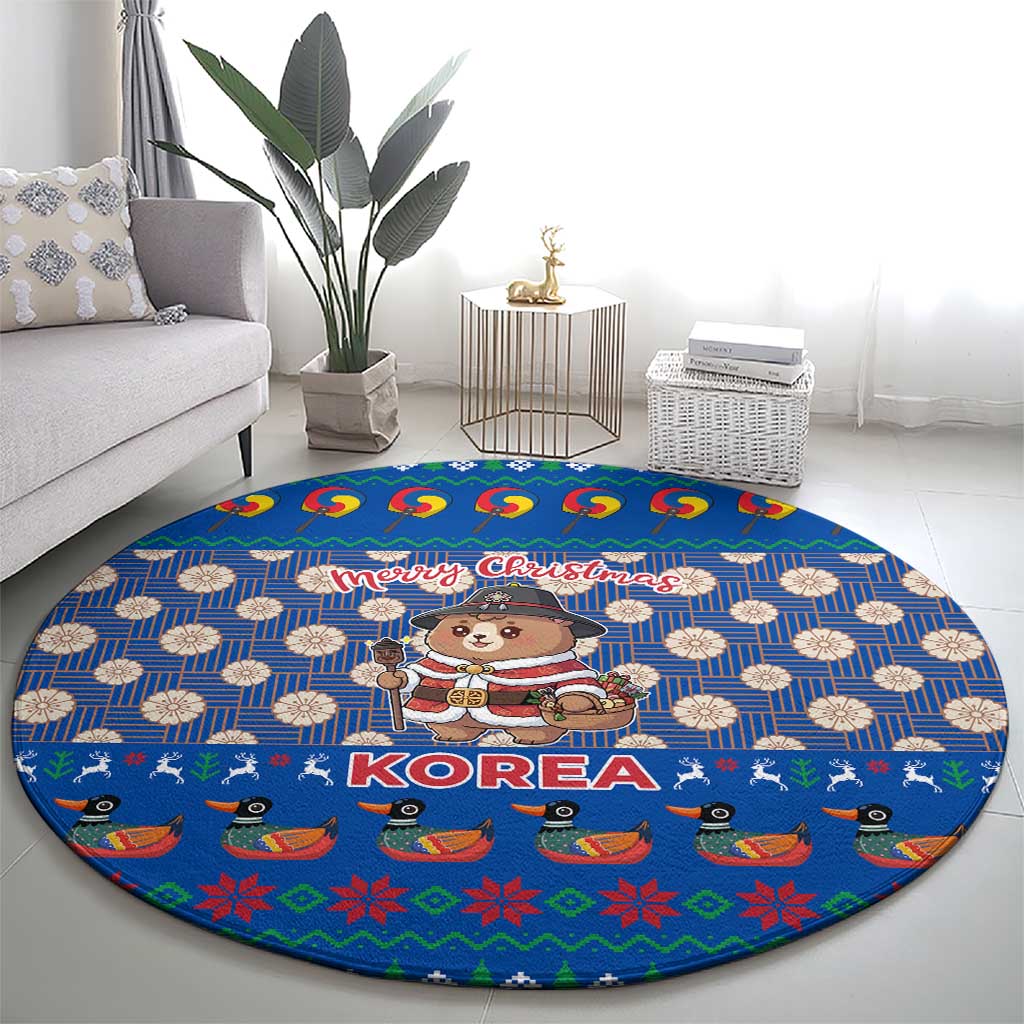 Korea Christmas Round Carpet with Bear in Hanbok National Emblem and Traditional Boat Pattern Design - Wonder Print Shop