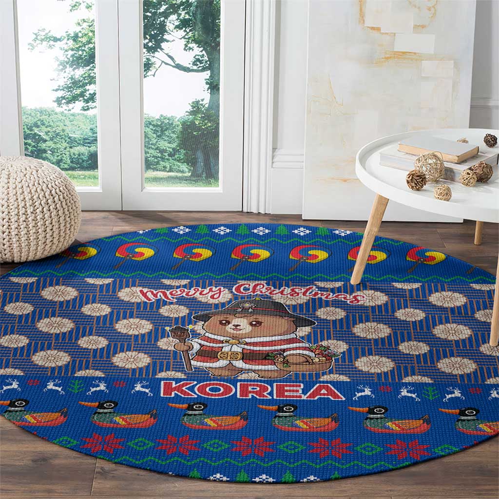 Korea Christmas Round Carpet with Bear in Hanbok National Emblem and Traditional Boat Pattern Design - Wonder Print Shop