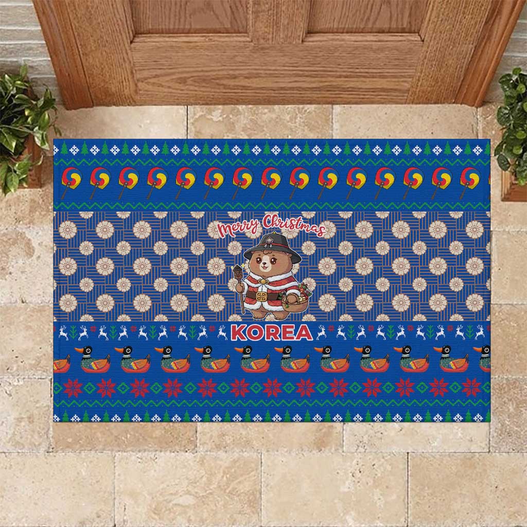 Korea Christmas Rubber Doormat with Bear in Hanbok National Emblem and Traditional Boat Pattern Design - Wonder Print Shop