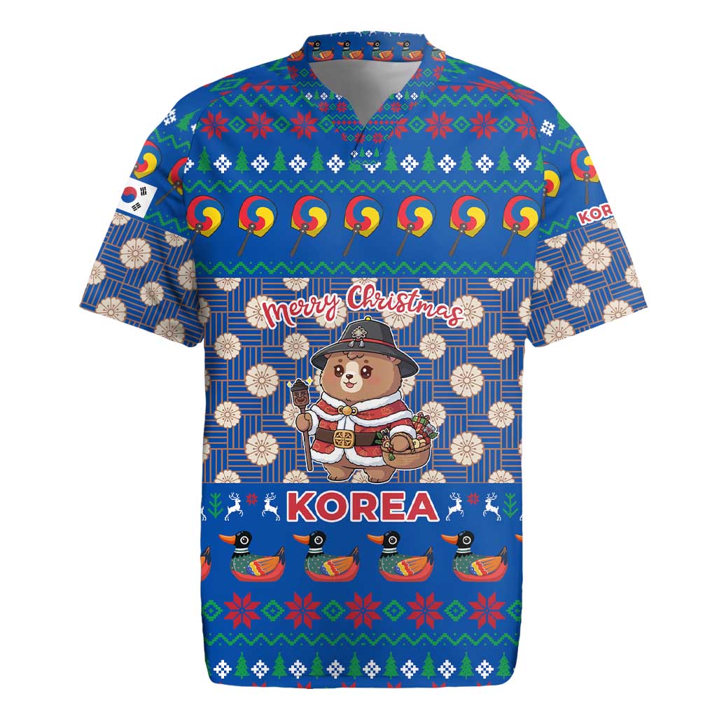 Korea Christmas Rugby Jersey with Bear in Hanbok National Emblem and Traditional Boat Pattern Design - Wonder Print Shop