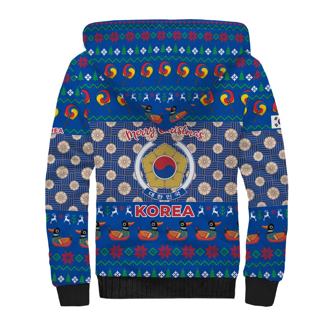 Korea Christmas Sherpa Hoodie with Bear in Hanbok National Emblem and Traditional Boat Pattern Design - Wonder Print Shop