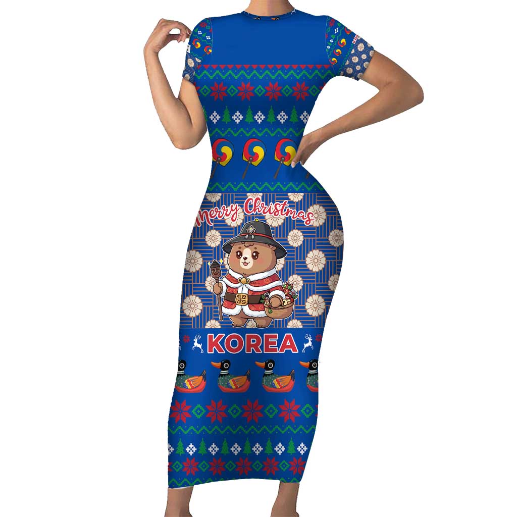 Korea Christmas Short Sleeve Bodycon Dress with Bear in Hanbok National Emblem and Traditional Boat Pattern Design - Wonder Print Shop