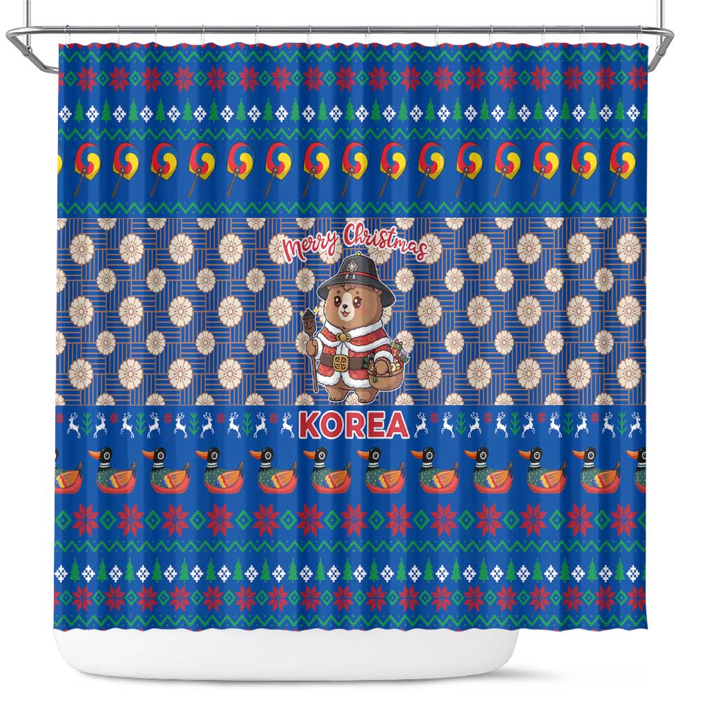 Korea Christmas Shower Curtain with Bear in Hanbok National Emblem and Traditional Boat Pattern Design - Wonder Print Shop