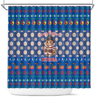 Korea Christmas Shower Curtain with Bear in Hanbok National Emblem and Traditional Boat Pattern Design - Wonder Print Shop