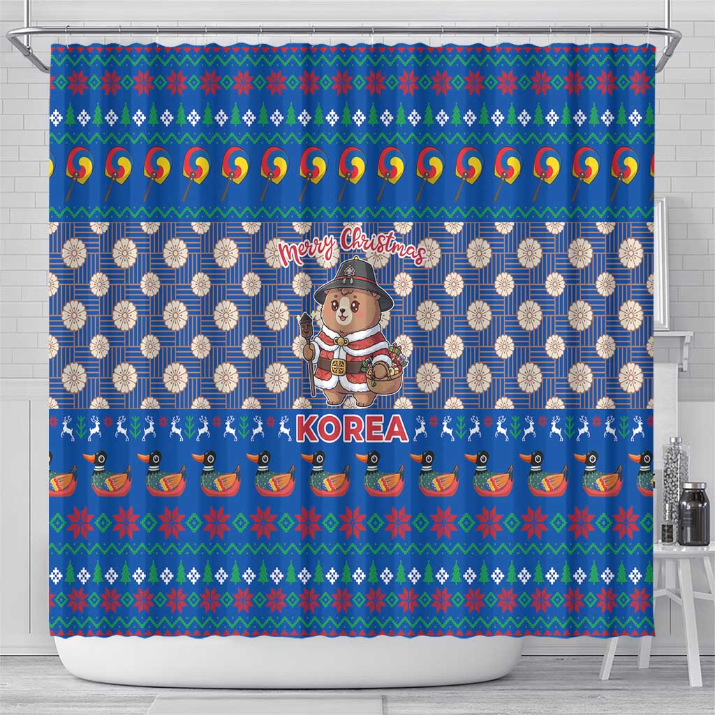 Korea Christmas Shower Curtain with Bear in Hanbok National Emblem and Traditional Boat Pattern Design - Wonder Print Shop