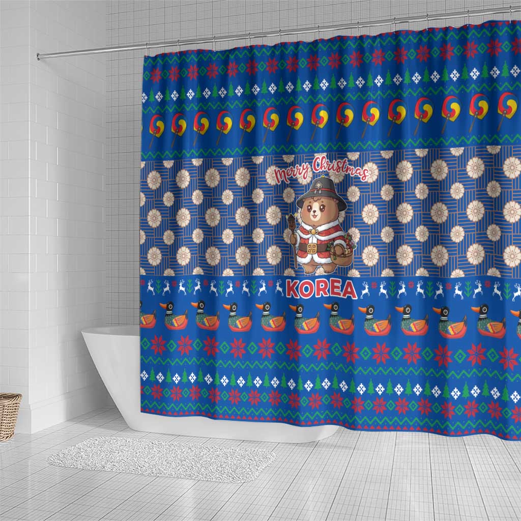 Korea Christmas Shower Curtain with Bear in Hanbok National Emblem and Traditional Boat Pattern Design - Wonder Print Shop