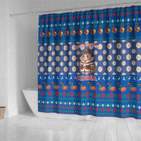 Korea Christmas Shower Curtain with Bear in Hanbok National Emblem and Traditional Boat Pattern Design - Wonder Print Shop