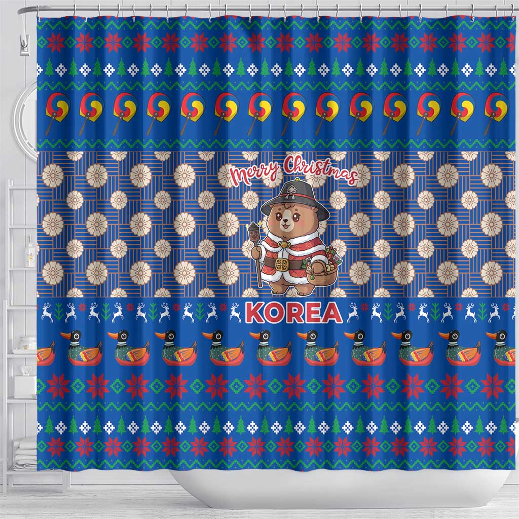 Korea Christmas Shower Curtain with Bear in Hanbok National Emblem and Traditional Boat Pattern Design - Wonder Print Shop