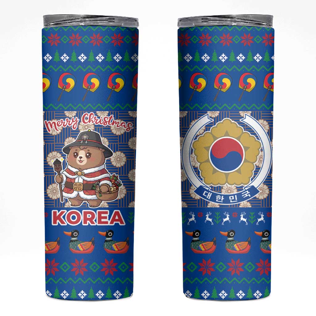 Korea Christmas Skinny Tumbler with Bear in Hanbok National Emblem and Traditional Boat Pattern Design - Wonder Print Shop