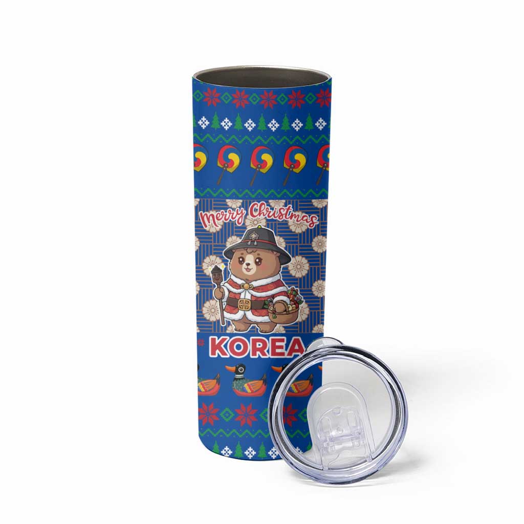 Korea Christmas Skinny Tumbler with Bear in Hanbok National Emblem and Traditional Boat Pattern Design - Wonder Print Shop