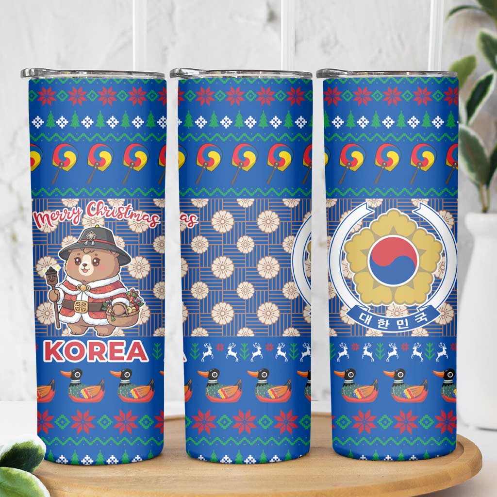 Korea Christmas Skinny Tumbler with Bear in Hanbok National Emblem and Traditional Boat Pattern Design - Wonder Print Shop