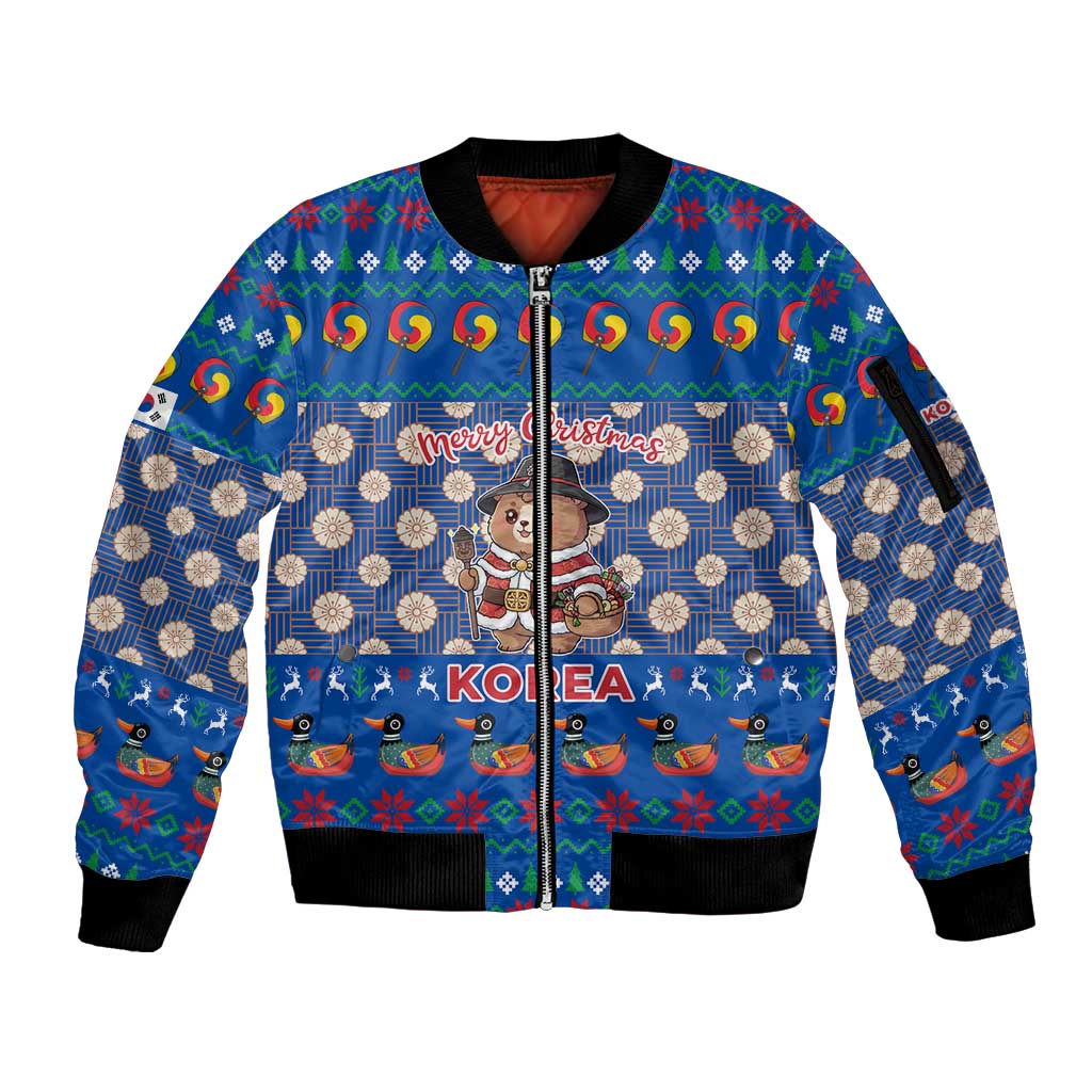 Korea Christmas Sleeve Zip Bomber Jacket with Bear in Hanbok National Emblem and Traditional Boat Pattern Design - Wonder Print Shop