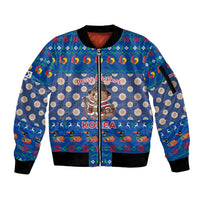 Korea Christmas Sleeve Zip Bomber Jacket with Bear in Hanbok National Emblem and Traditional Boat Pattern Design - Wonder Print Shop