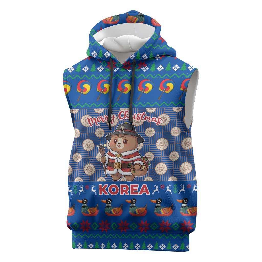 Korea Christmas Sleeveless Hoodie with Bear in Hanbok National Emblem and Traditional Boat Pattern Design - Wonder Print Shop