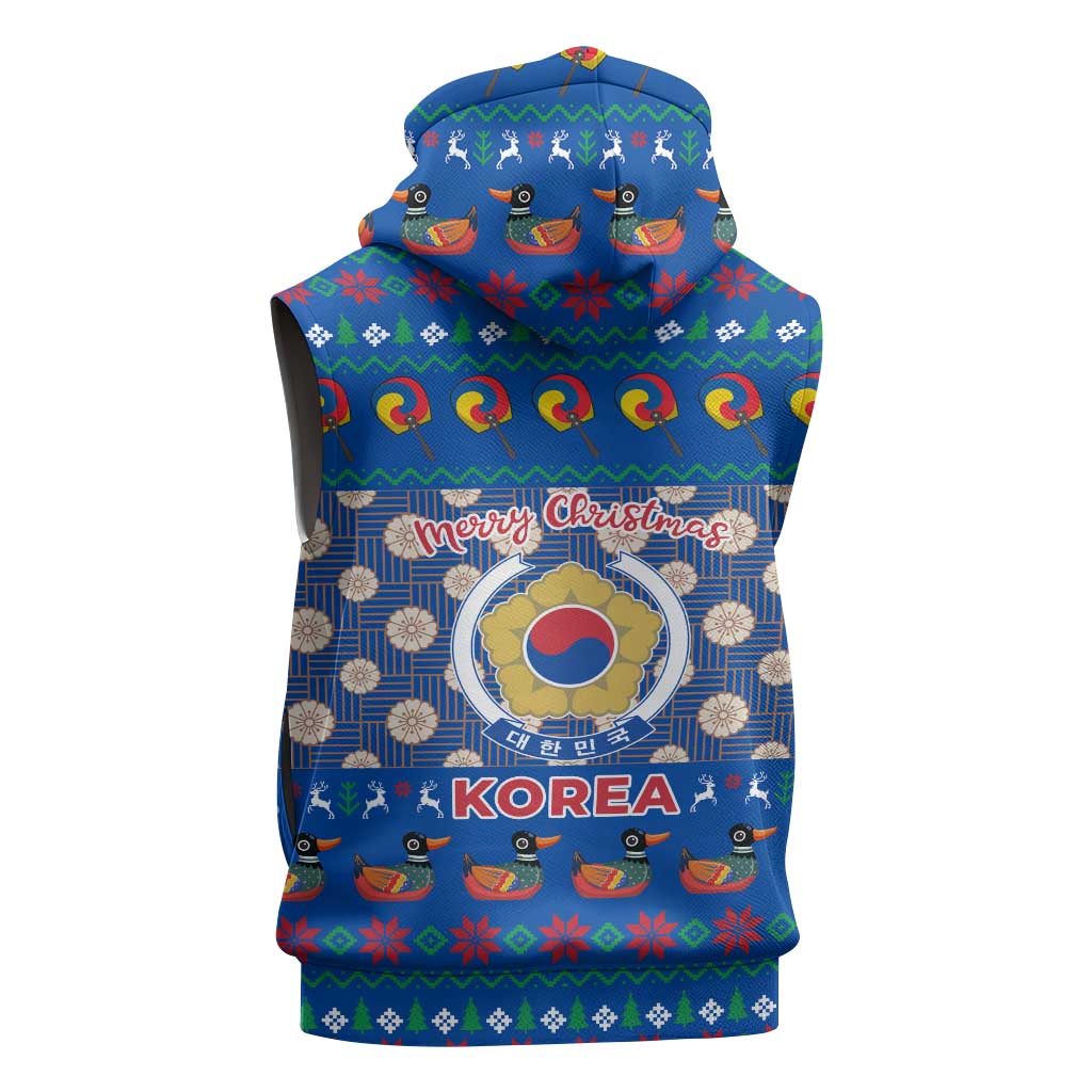 Korea Christmas Sleeveless Hoodie with Bear in Hanbok National Emblem and Traditional Boat Pattern Design - Wonder Print Shop