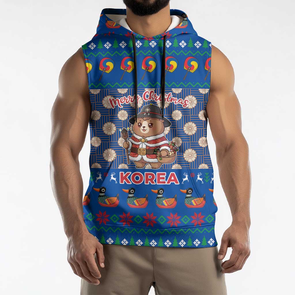 Korea Christmas Sleeveless Hoodie with Bear in Hanbok National Emblem and Traditional Boat Pattern Design - Wonder Print Shop